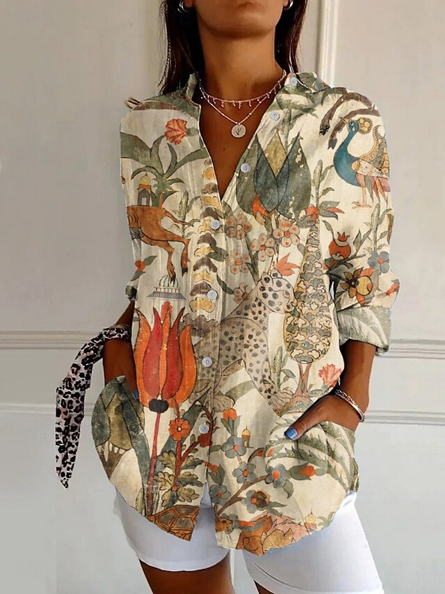 Women's Shirt Floral Vintage Ethnic Long Sleeve Shirt Collar Regular Tops Daily Holiday Buttons Print Apricot Beige Spring Fall4