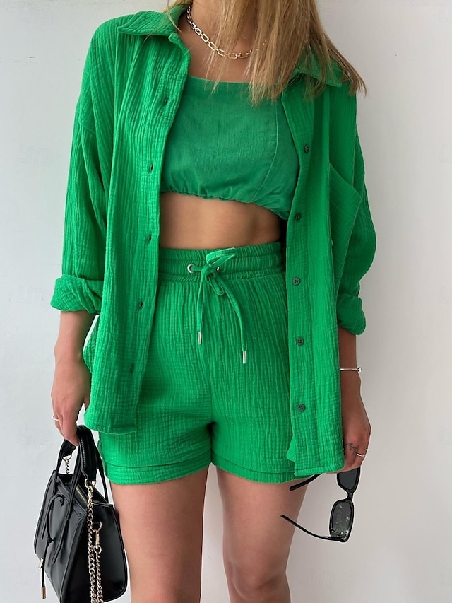  Dames Elegant Modieus Streetwear Katoenen linnen sets Lange mouw Overhemdkraag Effen Kleur Buiten Werk Casual Zwart Paars Oranje Zomer Ruim Passend