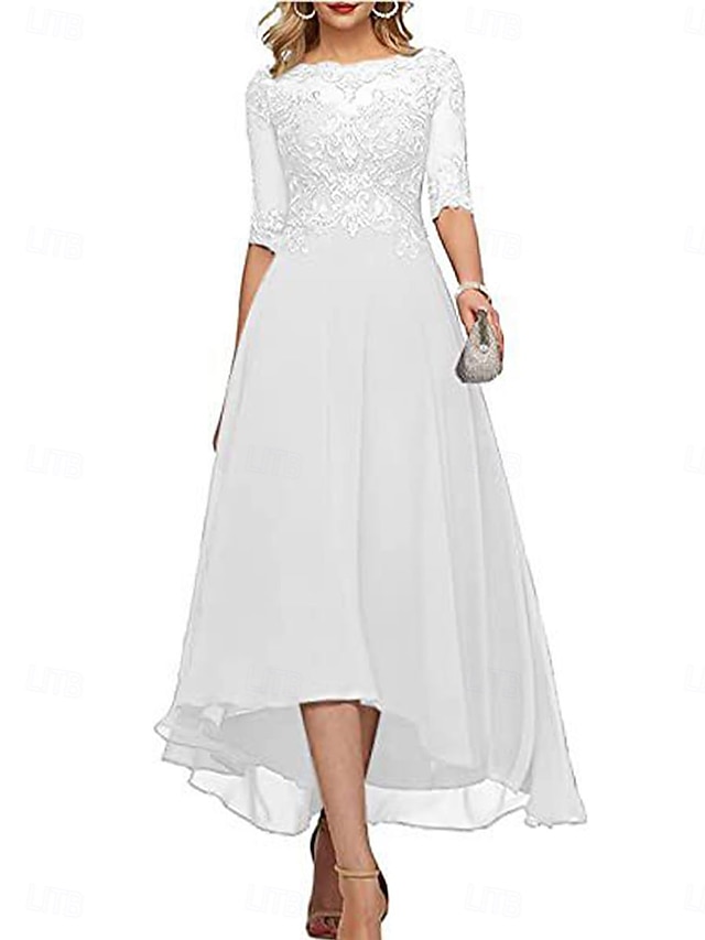  A-lijn Tot de grond Feestjurk Cocktail jurk Halve mouw Strakke ronde hals Elegant Formeel Bruiloft gast Chiffon Moeder van de bruid jurk met Effen kleur