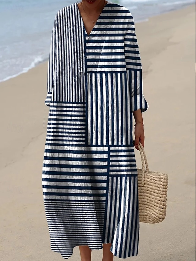  Per donna Abito Midi Vestito Estivo Abito a trapezio Vacanza Casual Spiaggia Uscire Grafico Geometrico Manica Lunga Scollo a V Giallo Rosso Blu Estate Primavera
