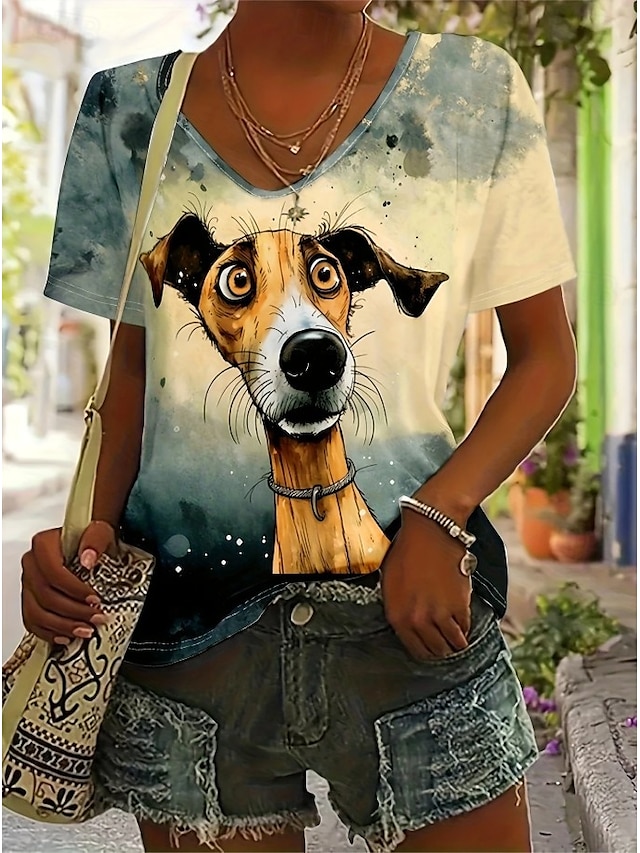  Femmes T-shirt Graphique Animal Chien ancien Élégant Classique Manche Courte Col en V Hauts Réguliers Quotidien Sortir Week-end Imprimé Blanche Jaune Blanc Ecru Été Printemps