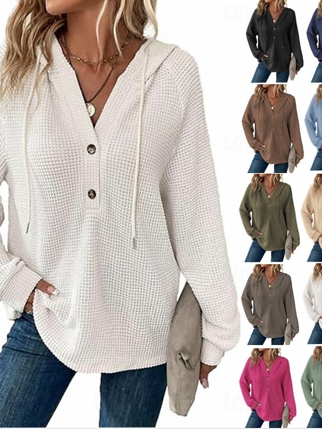  Femmes Chemisier Couleur Unie Élégant Occasionnel manche longue À capuche Hauts Réguliers Quotidien Boutons Noir Vert Véronèse bleu marine Bleu Marron Printemps Automne Hiver
