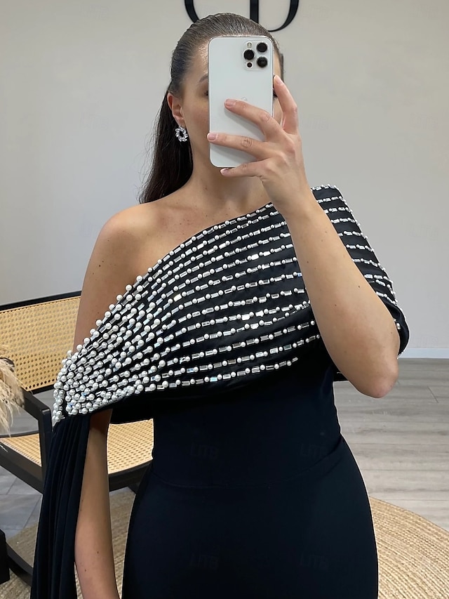  Robe de soirée élégante en crêpe extensible à col montant et manches courtes, longueur au sol, avec cristaux scintillants, style invité de mariage, 2025