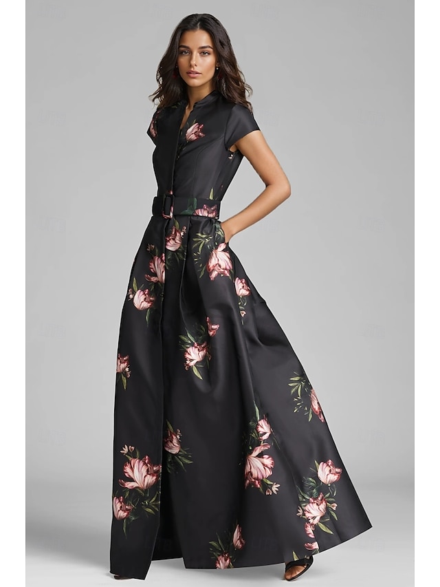  Vestido de Gala em A Com Fenda Altíssima Vestido Formal Convidada de Casamento Comprimento Total Manga Curta Decote V com Bolso em Cetim com Estampa Floral