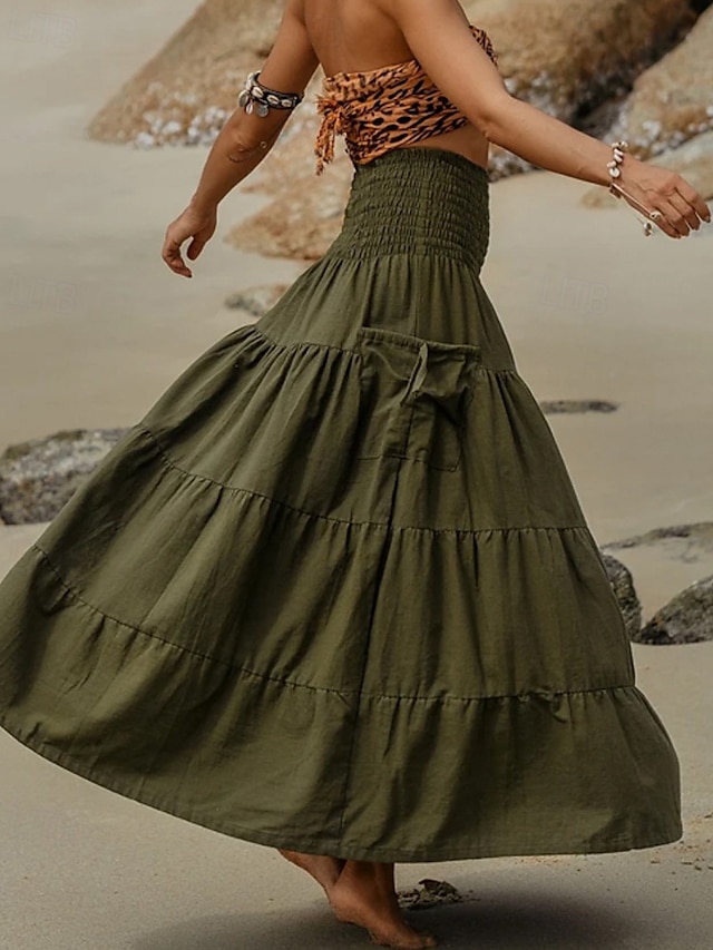  Femmes Jupe Évasé Occasionnel Maxi Taille Basse Jupes Uni Froncé Micro-Élastique Vacances Rue Noir Blanche Jaune Vert Véronèse Automne Coton
