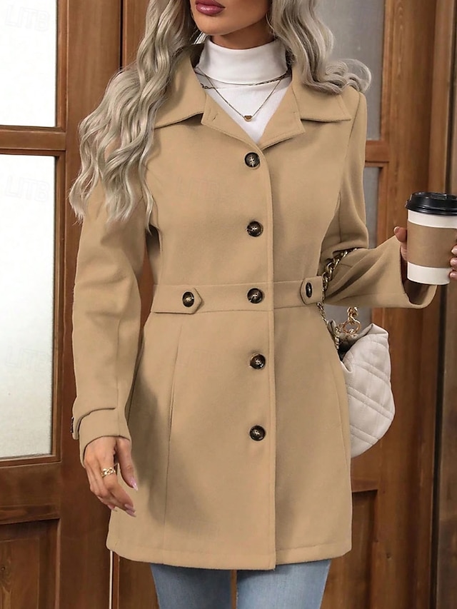  Mujer Abrigo de invierno Abrigo Mantiene abrigado Cómodo Botones Moda Plano Vacaciones Casual Diario Botonadura Simple Largo Cuello Vuelto Ajuste regular Manga Larga Ropa de calle Caqui Otoño Invierno