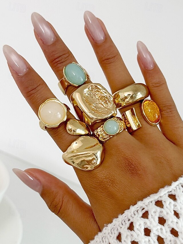  Damesett med vintage edelstener i gull – sett med flere statement-ringer med klumpete tekstur og fargerike harpiks-edelstener, egnet for kontor, vintage-mote, fest og hverdagsstil