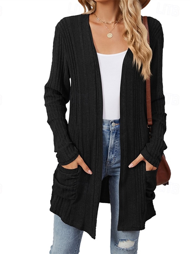  Damen Mantel Warm Bequem Tasche Mode Outdoor Einfach Ausgehen Wochenende Strickjacke Regulär Kragenlos Normale Passform Langarm Oberbekleidung Schwarz Wein Marineblau Herbst Winter