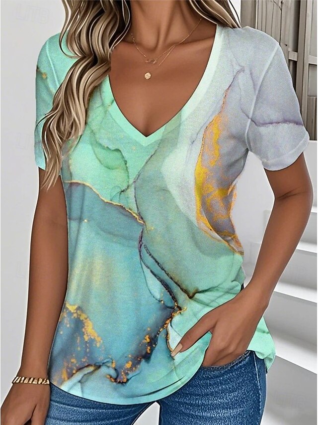 Women's T Shirt Floral Graphic Plants Vintage Fashion Hawaiian Short Sleeve V Neck Regular Tops Daily Going out Weekend Print Blue Green Summer Spring4