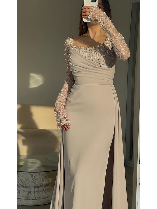  Meerjungfrau/Trompete Abendkleid Galakleid mit abnehmbarem Überrock formelles Kleid Stretch-Crêpe Hochzeit bodenlang Langarm quadratischer Ausschnitt Spitze mit Falten Perlen Pailletten Spitze 2025