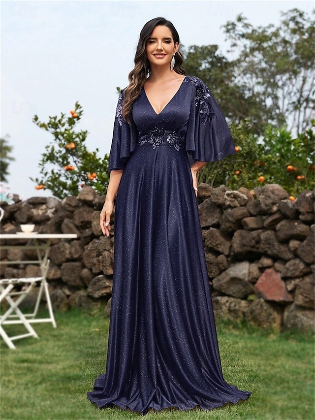  Robes de quinceanera en A élégante robe formelle mariage longueur au sol manches 3/4 en V chiffon dos en V avec plis