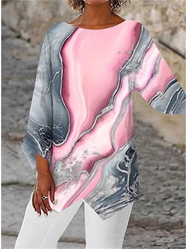 Women's Blouse Print Abstract Daily Stylish Long Sleeve Crew Neck Regular Tops Daily Holiday Print Asymmetric Hem Pink Blue Summer Spring3