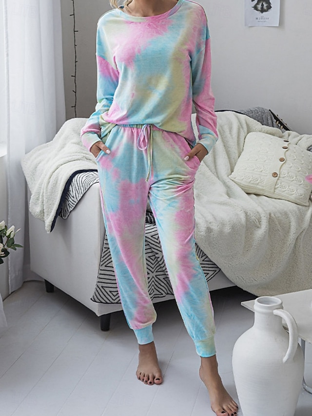  Damskie Zestawy piżamowe Codzienny Wygoda Wzór tie-dye Elastyczny pas Podkoszulek Nogawka Dom Codzienny Długi rękaw Półgolf Rumiany róż Niebieski Zielony Tęczowy Szary Lato Wiosna Jesień Regularny