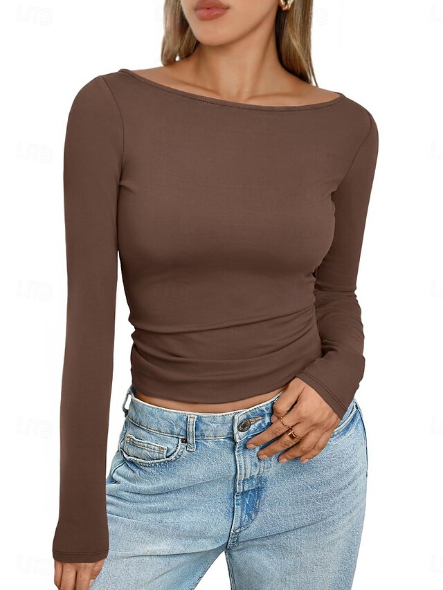  Dame Trange topper Helfarge Stilfull Fritid Y2K Langermet Crew-hals Crop Tops Daglig Ferie Ut på byen Svart Hvit Rosa Brun Sommer Vår