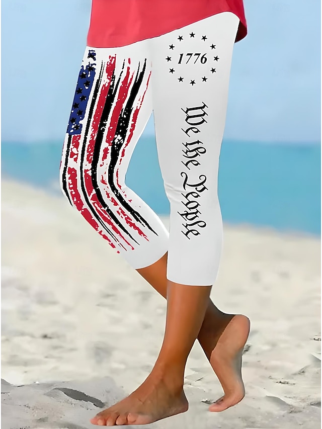  Independensdagen Kvinnors Patriotiska Fjärde Juli Leggings Capri Byxor Hög Elasticitet Ankellång MidjaByxorAmerikansk Flagga Amerikansk Flagga Nationell Flagga Tryck Termisk Varm Andningsbar Mjuk