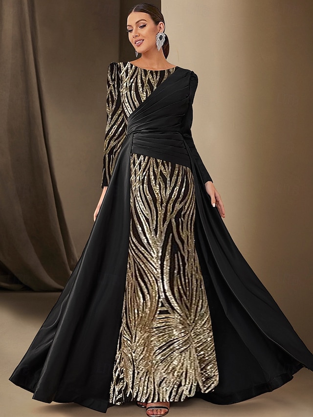  Black Tie Sjöjungfru  Trumpet Aftonklänning Paljetterande Glittrande Klänning Formell Bröllop Golvlängd Lång Ärm Båthals Satin med Fållar