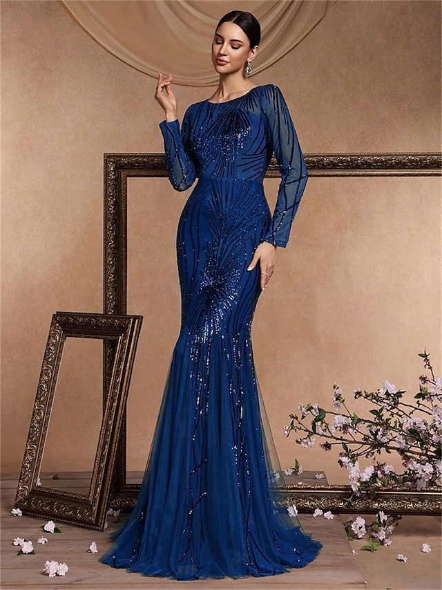  Zeemeermin  Trompet Quinceañera Jurken Elegante Jurk Formele Bruiloft Vloerlengte Lange Mouw Crew Neck Polyester met Pailletten