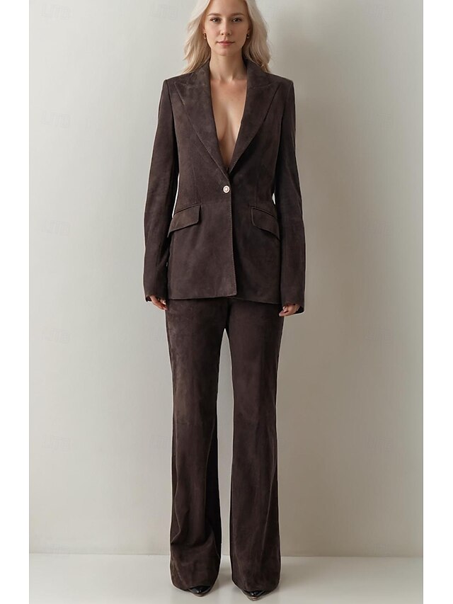  Combinaison deux pièces / tailleur-pantalon en faux daim pour mère de la mariée, ensemble blazer élégant, vintage, simple, col en V, revers en pointe, détails de couture, longueur au sol, extensible,