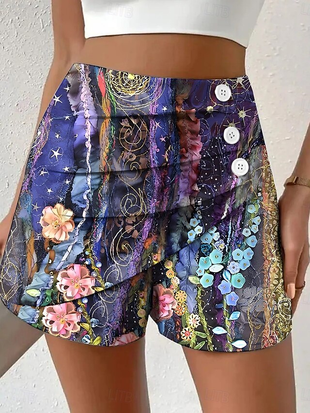 Women's Chinos Shorts Vacation Vintage Ethnic Style Short High Waist Floral Graphic Pleated Micro-elastic Formal Vacation Street Violet Robin's Egg Blue Yellow Summer Spring Regular Fit4