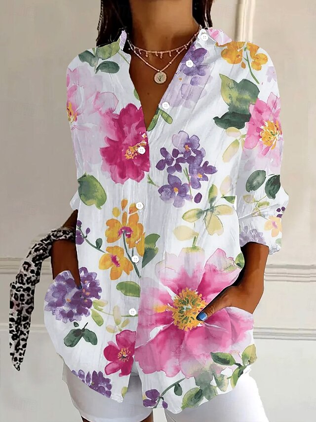 Women's Shirt Button Down Tunic Shirt Collar Long Sleeve Floral Graphic Vintage Tropical Daily Regular Tops Work Daily Holiday s Print Pink Spring Fall4
