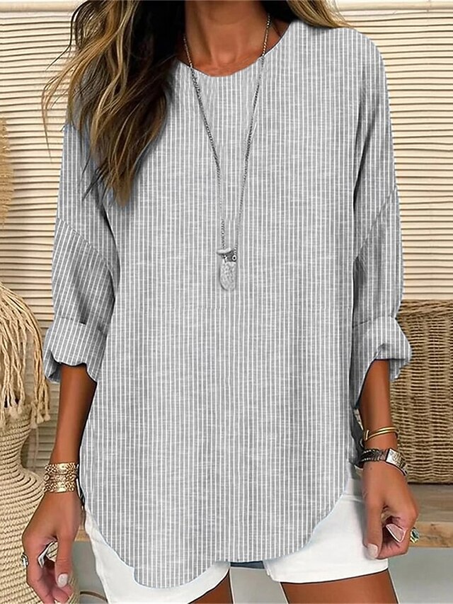 Women's T Shirt Tee Top Striped Fashion Modern Long Sleeve Crew Neck Regular Tops Daily Blue Gray Summer Spring3