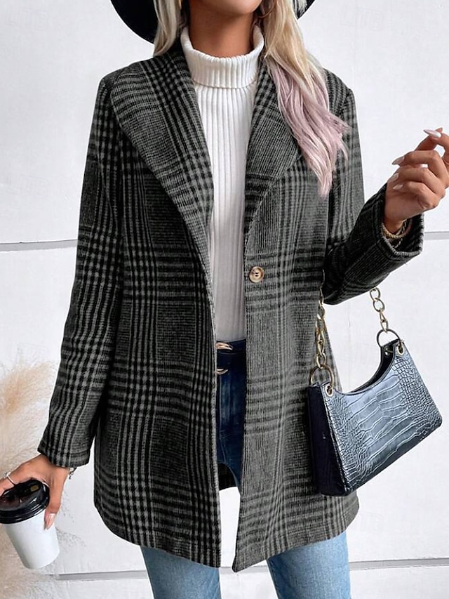  Women's Coat Warm Comfortable Buttons Casual Plaid Outdoor Holiday Single Breasted Regular Turndown Regular Fit Long Sleeve Outerwear Red Camel Gray Fall Winter