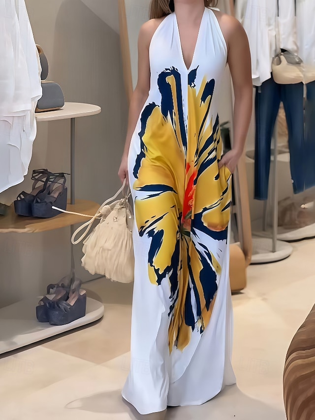  Femmes Robe Longue Maxi Robe Robe Imprimée Classique Moderne Extérieur Vacances Sortir Coupe régulière Fleur Sans manches Col Halter Blanche Été