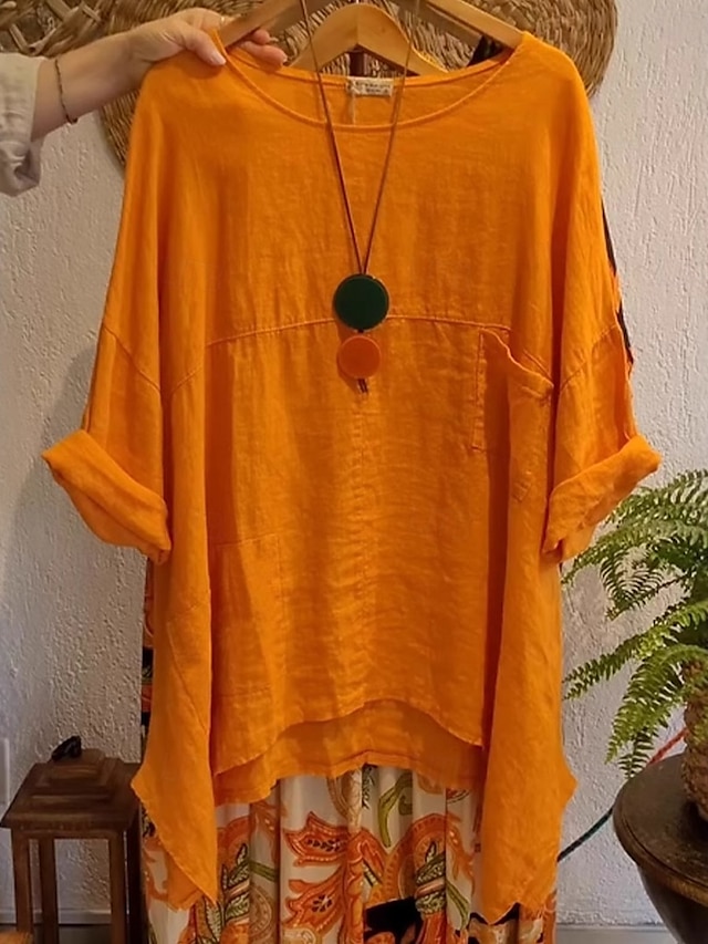  camicetta da donna in cotone e lino tinta unita elegante casual mezza manica girocollo top normale quotidiano festa bianco blu navy blu arancione marrone estate autunno