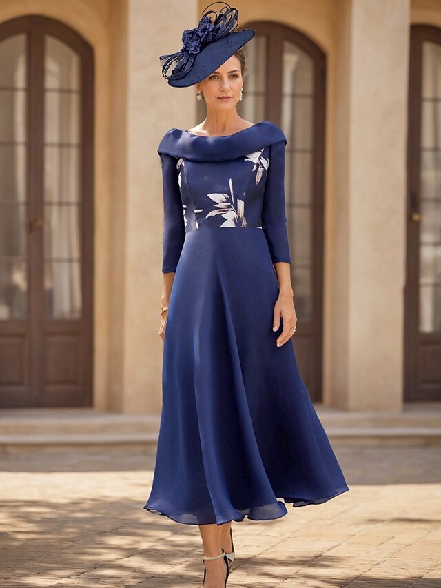 A-Line Mother of the Bride Dress Wedding Guest Elegant Vintage Bateau Neck Ankle Length Chiffon 3/4 Length Sleeve with Flower Solid Color Wedding Guest Dress4