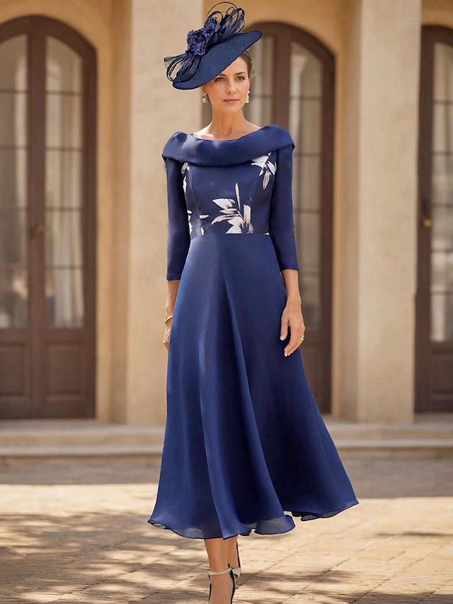 A-Line Mother of the Bride Dress Wedding Guest Elegant Vintage Bateau Neck Ankle Length Chiffon 3/4 Length Sleeve with Flower Solid Color Wedding Guest Dress4