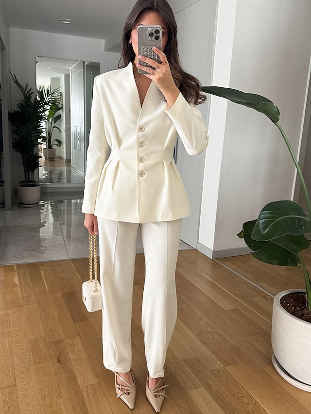  Macacão  Conjunto de Calças 2 Peças Conjunto de Mãe da Noiva Conjunto de Calças com Blazer Sem Gola Elegante Vintage Simples Mangas Longas Comprimento do Chão Calças com Detalhes de Pregas