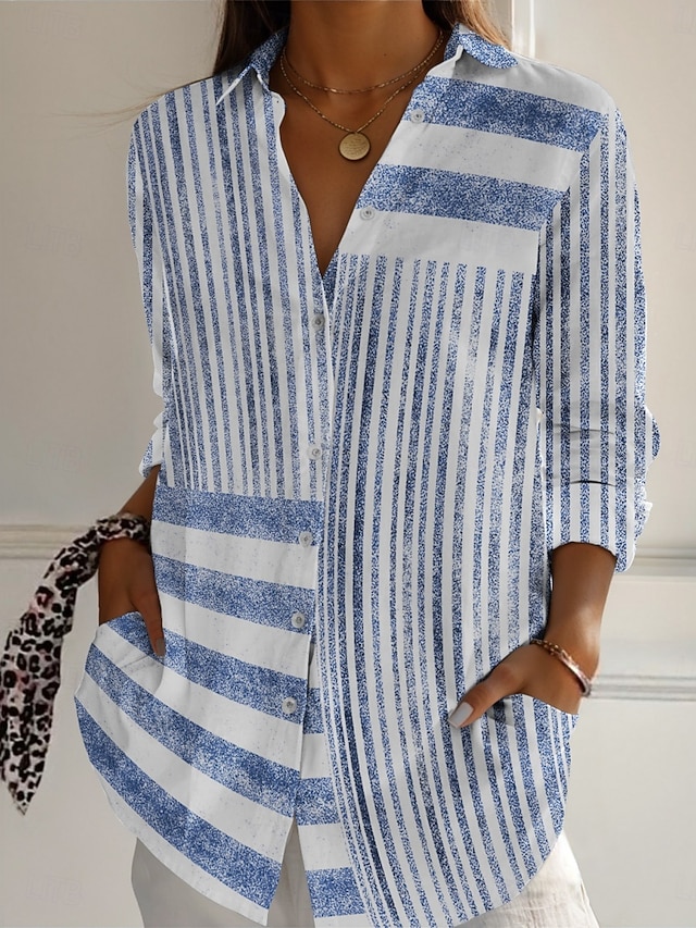  Per donna Camicia A righe Attivo Quotidiano Elegante Manica Lunga Colletto a Camicia Top Regolari Quotidiano Ferie Bottoni Stampato Rosa Blu Grigio Primavera Autunno