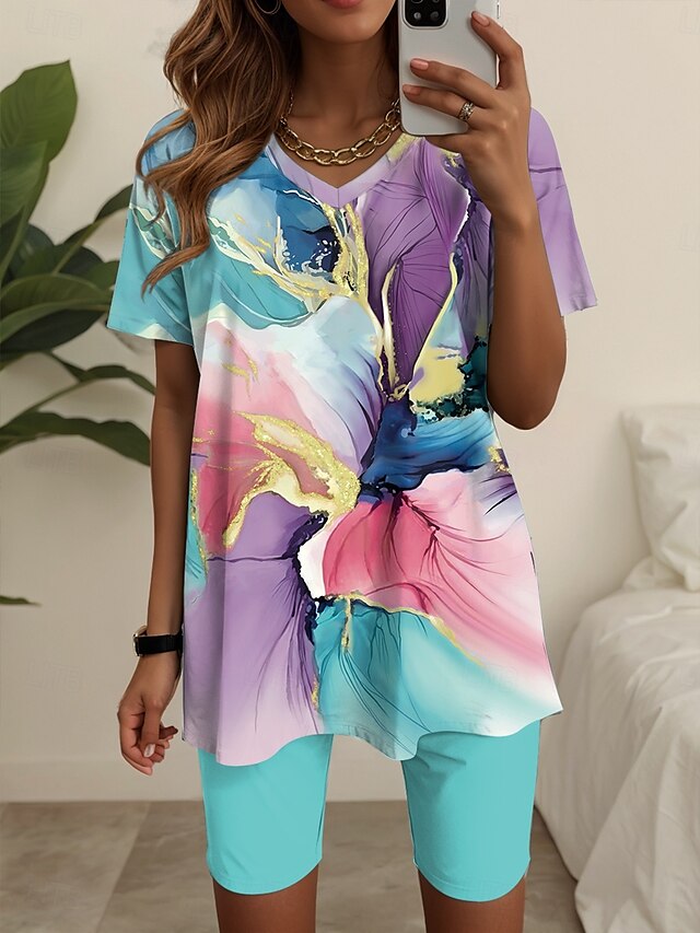  Ensembles de mode pour femmes en 2 pièces t-shirt et shorts manches courtes col en V impression graphique géométrique décontracté quotidien bleu vert été coupe régulière