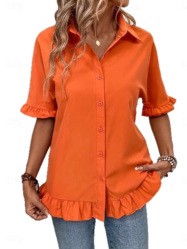  Dámská košile button down blůza jednobarevná jednoduchá stylová moderní volná košile s krátkým rukávem button down blůza límeček běžné vrchní díly do práce denní svátek volánky knoflíky bílá oranžová