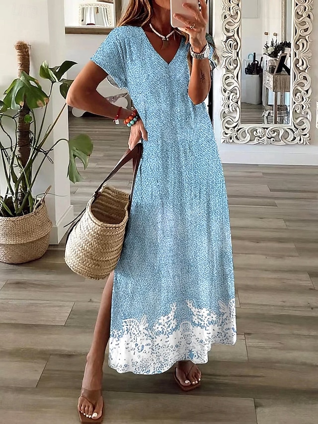  Femmes Robe maxi Robe Décontractée Robe d'Été Robe trapèze Élégant Vacances Occasionnel Fête Plage Coupe régulière A Ombre Fleuri Graphique Manche Courte Col en V Vert Claire Bleu Ciel Été Printemps