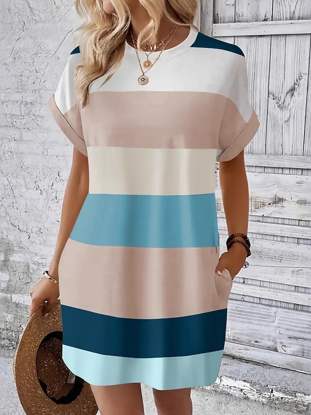 Dames Mini-jurk T shirt jurk Hemdjurk Casual Buiten Dagelijks Feestdagen Normale pasvorm Streep Korte mouw Strakke ronde hals Blozend Roze Hemelsblauw Bruin Groen Zomer
