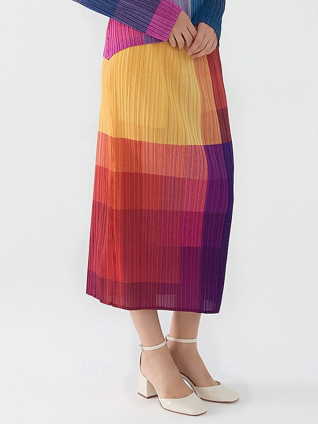  Femmes Jupe Élégant ancien Mode Occasionnel Midi Taille Moyenne Jupes Dégradé Froncé Élastique Jaune Été Polyester