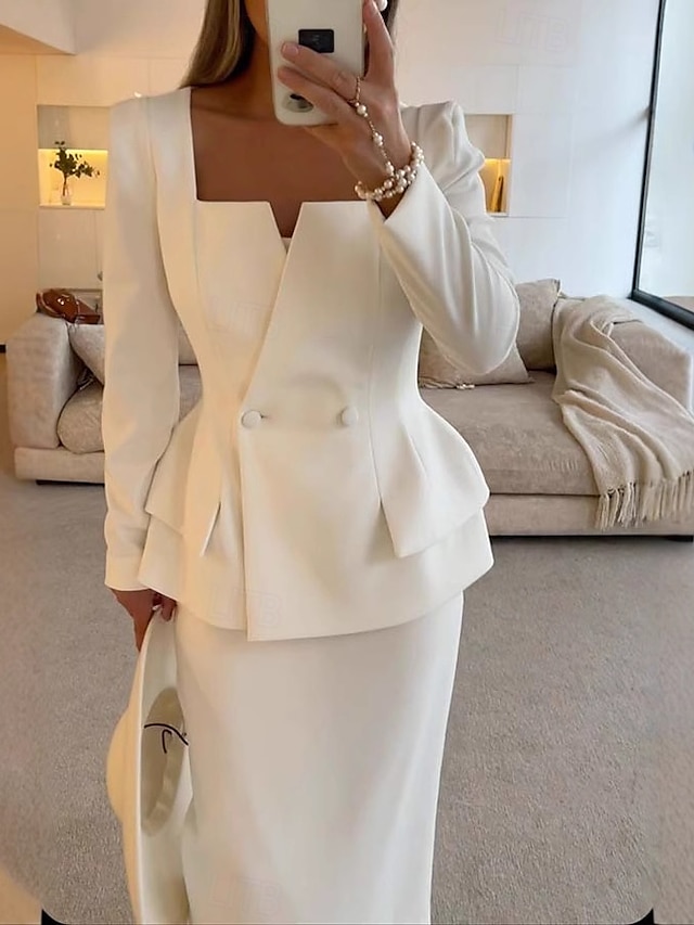  Zweiteiliges Fisch  Trompete Mutter der Braut Kleid Elegantes Peplum Kleid Set Einfach Minimalistisch Quadrat-Ausschnitt Tee Länge Krepp Stretchstoff Lange Ärmel mit einfarbig