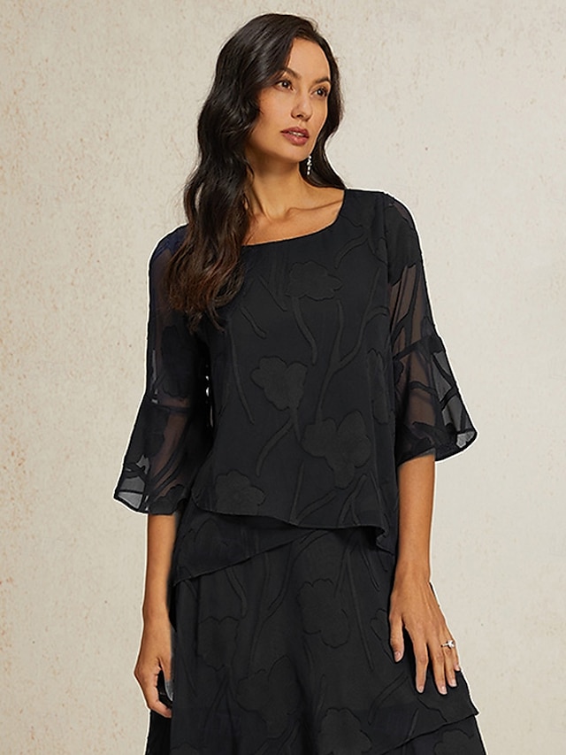 Damen Spitzenbluse Bluse Elegante Oberteile Chiffon Tops Einfarbig Blumen Elegant Stilvoll Basic Dreiviertelarm Glockenärmel U-Boot-Ausschnitt Normale Oberteile Hochzeitsgast Arbeit Täglich