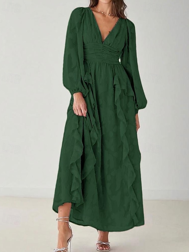  A-line brudens mor klänning elegant enkel minimalistisk V-hals bröllopsgäst klänning golvlängd blommig chiffong spets lång ärm med rynkade kaskader