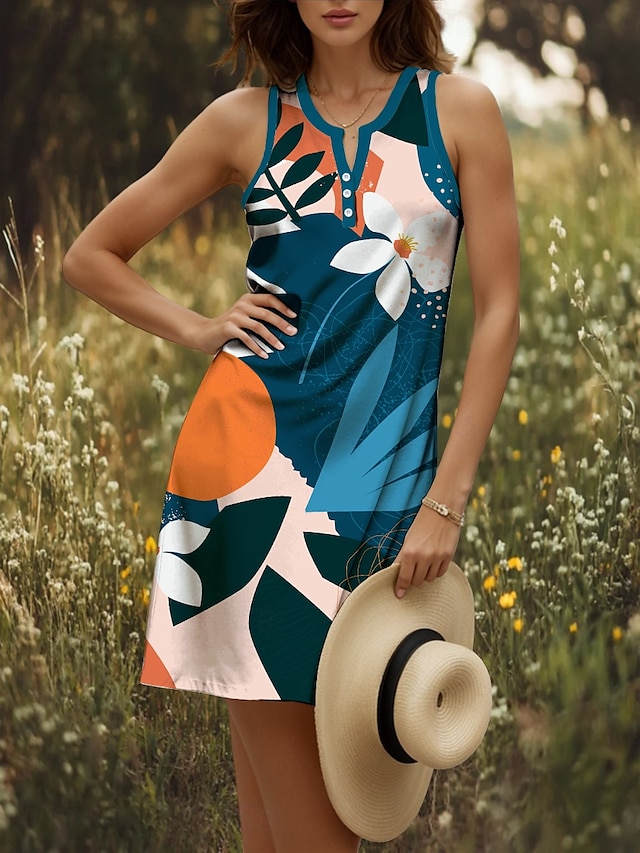  Damskie Sukienka mini Sukienka t-shirtowa Letnie sukienki Codzienny Codzienny Święto Regularny Kwiaty Graficzny Geometryczny Bez rękawów W serek Żółty Czerwony Niebieski Fioletowy Lato