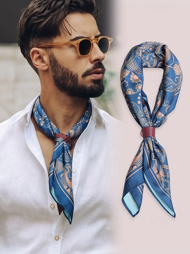  Men’s Paisley Print Square Neck Scarf with Leather Buckle, Vintage Style Polyester Bandana for Outdoor Travel, Parties and Daily Fashion