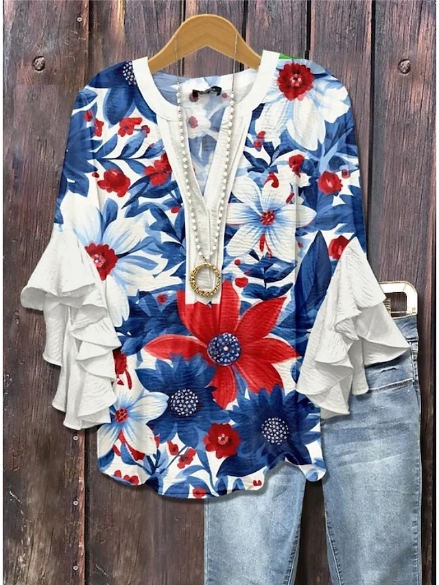  Amerykańska bluzka damska z grafiką lamparta boho vintage codzienna 3/4 długości rękaw falbaniasty dekolt w kształcie litery V regularne topy codzienny urlopowy strój nadruk żółty jasnozielony różowy