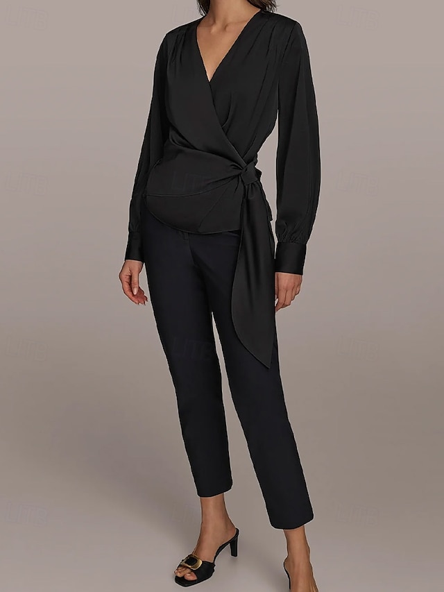  Two Piece Jumpsuit / Pantsuit Pantsuit Mother of the Bride Pantsuit Elegant Vintage Simple V Neck Ankle Length Satin Top Stretch Crepe Pants V Long Sleeve with Bow(s) Ruched