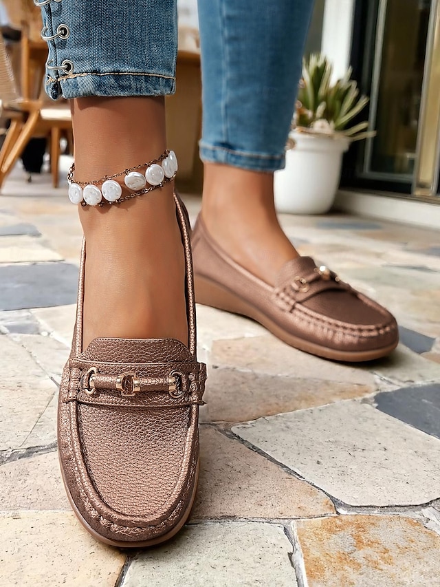  Mocassins pour femme en similicuir métallisé avec mors doré, chaussures plates confortables à enfiler pour la conduite, le travail et les sorties décontractées