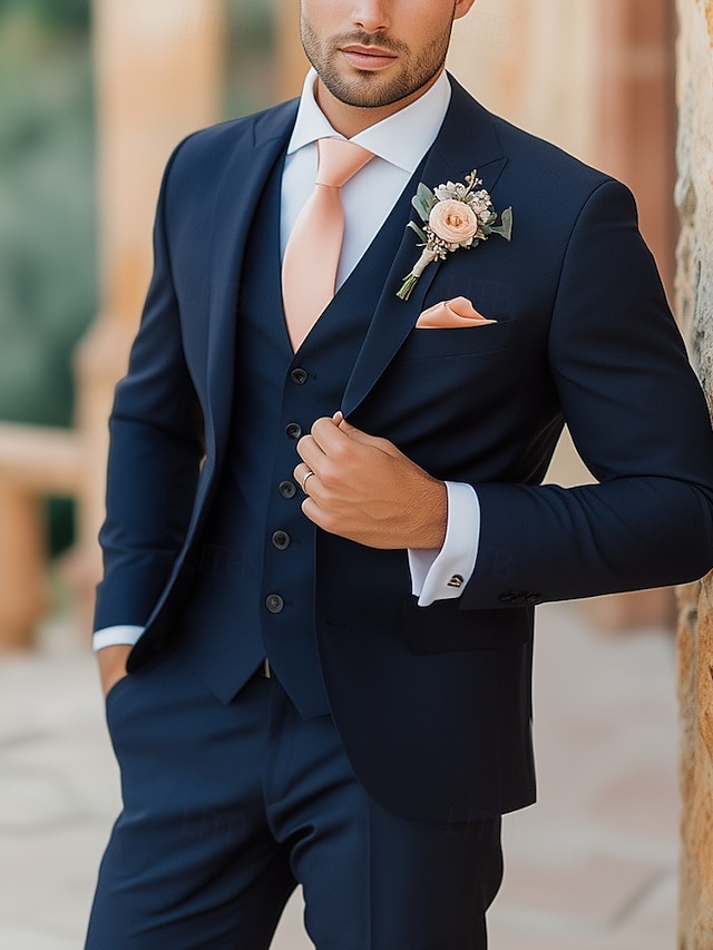  Uomo Matrimonio Feste Completi Blu marino Moda Formale Tinta unita Vestibilità standard 3 pezzi Monopetto a un bottone