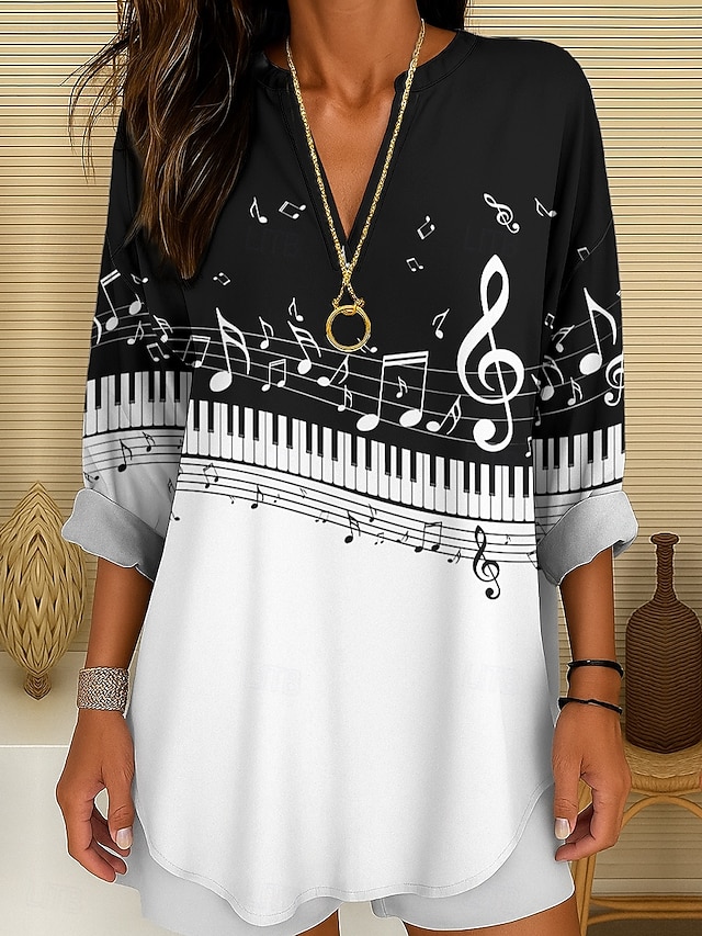  Túnica de Blusa para Mujer Festival de Música Cuello en V Manga Larga Boho Casual Tops Gráfico Geométrico Elegante Vintage Tropical Tops Regulares Impresión Diaria Blanco Y Negro