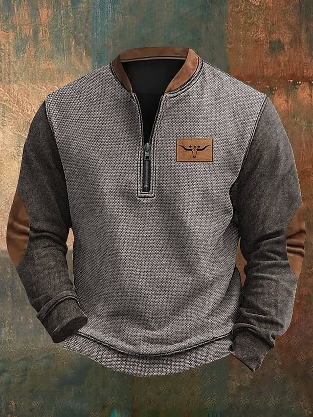 Men's Sweatshirt Quarter Zip Sweatshirt Gray Half Zip Color Block Cow Sports & Outdoor Daily Holiday Polyester Vintage Streetwear Casual Spring &  Fall Clothing Apparel Hoodies Sweatshirts  Long2