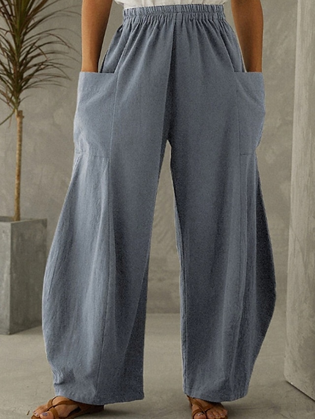  Mulheres Calças de linho de algodão Atrevido Perna larga Moda Casual Comprimento total Cintura Média Tecido Cintura elástica Confortável Respirável Micro-Elástica Rua Roupa Diária Para Noite Azul Céu