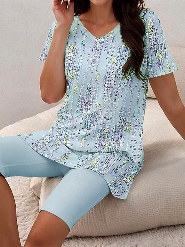  Femmes Mode Quotidien T-shirt Ensembles de Shorts Manche Courte Col en V Fleuri Graphique À pois Imprimé Quotidien Décontracté Quotidien Vert Claire Rose Claire Kaki Été Coupe régulière